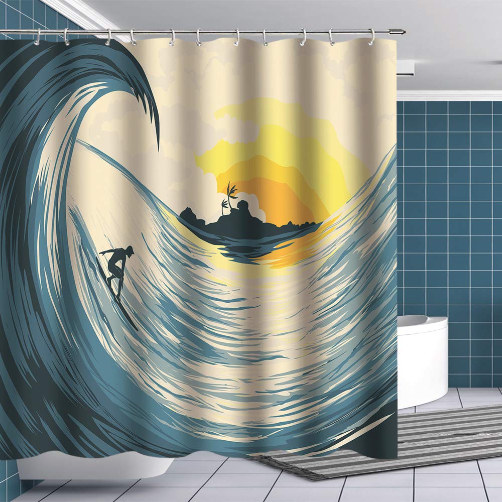 BTTY Shower Curtain Art Printing Vacation Golden Sky Dark Blue Island Surfing Boy Bathroom Curtains Fabric Bath Accessories Set Fabric Bathroom Decor with 12 Hooks 70×70Inches