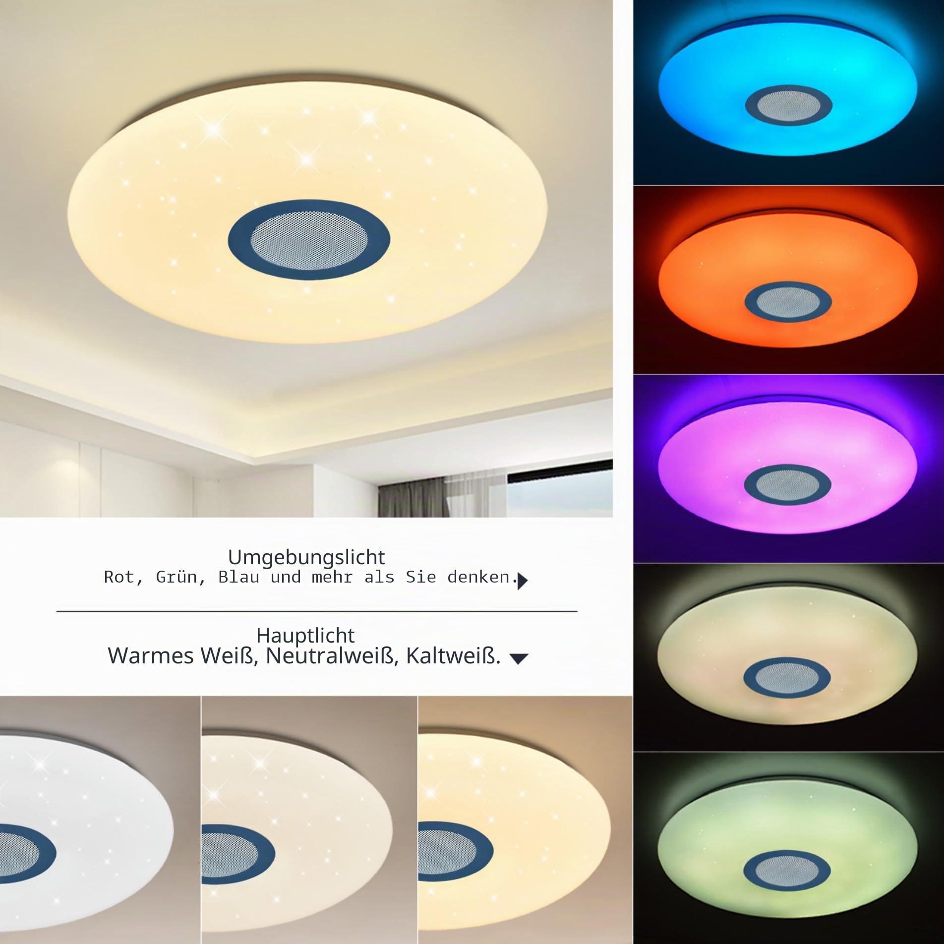 JDONG Led Deckenleuchte mit lautsprecher und Fernbedienung 54W Bluetooth Deckenlampe Dimmbar Rgb White Noise Runde für Schlafzimmer Wohnzimmer Badezimmer Kinderzimmer Küche 50cm