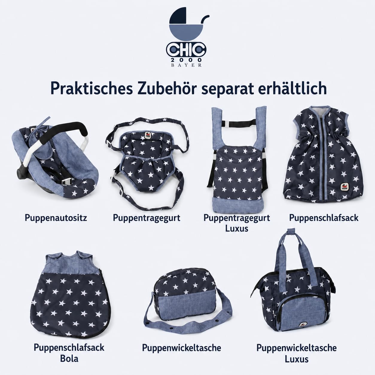 Bayer Chic 2000 - Wózek dla lalek Mika, wózek dla lalek kombi 2 w 1 dla dzieci w wieku od 4 do 8 lat, wózek dziecięcy dla lalek do 52 cm, gwiazdka, granatowy