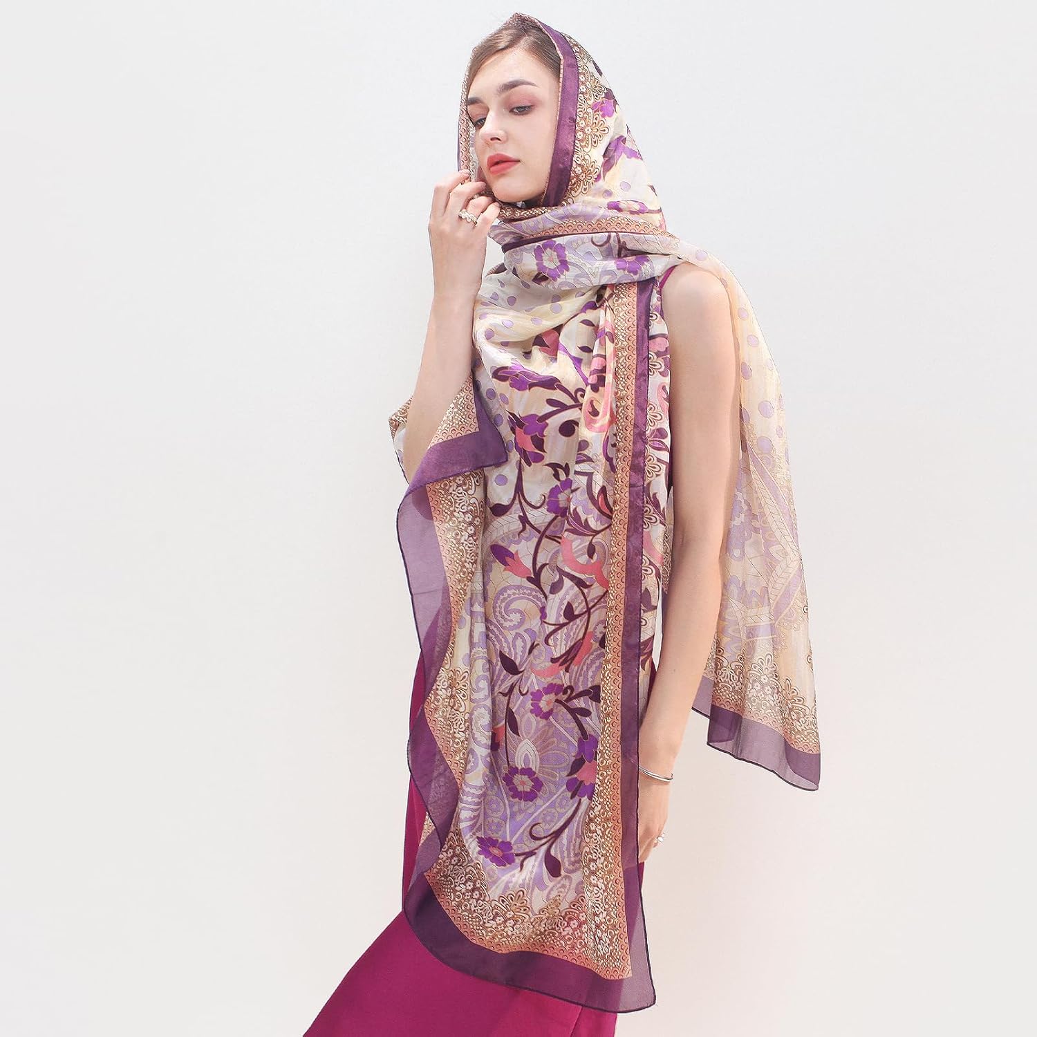 DANA XU Women's 100% Mulberry Silk Pashmina Shawl and Wraps Extra Large Floral Scarf for Evening Dresses, Soft Oversized - Image 6