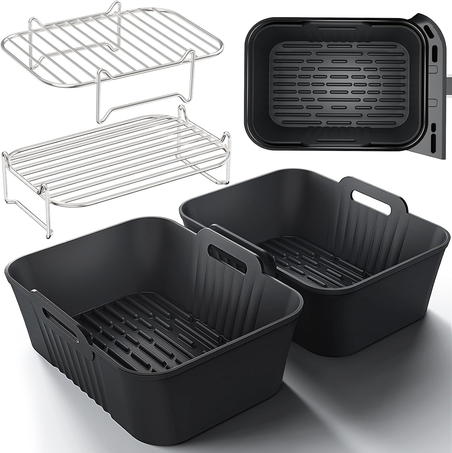 HONYAO Akcesoria do Frytkownicy na Gorące Powietrze, 4 sztuk Silikonowa Frytkownica Akcesoria do Ninja AF400EU DZ400EU SL400EU, Ruszt do Grillowania Akcesoria AirFryer do Dual Zone 8L-10L