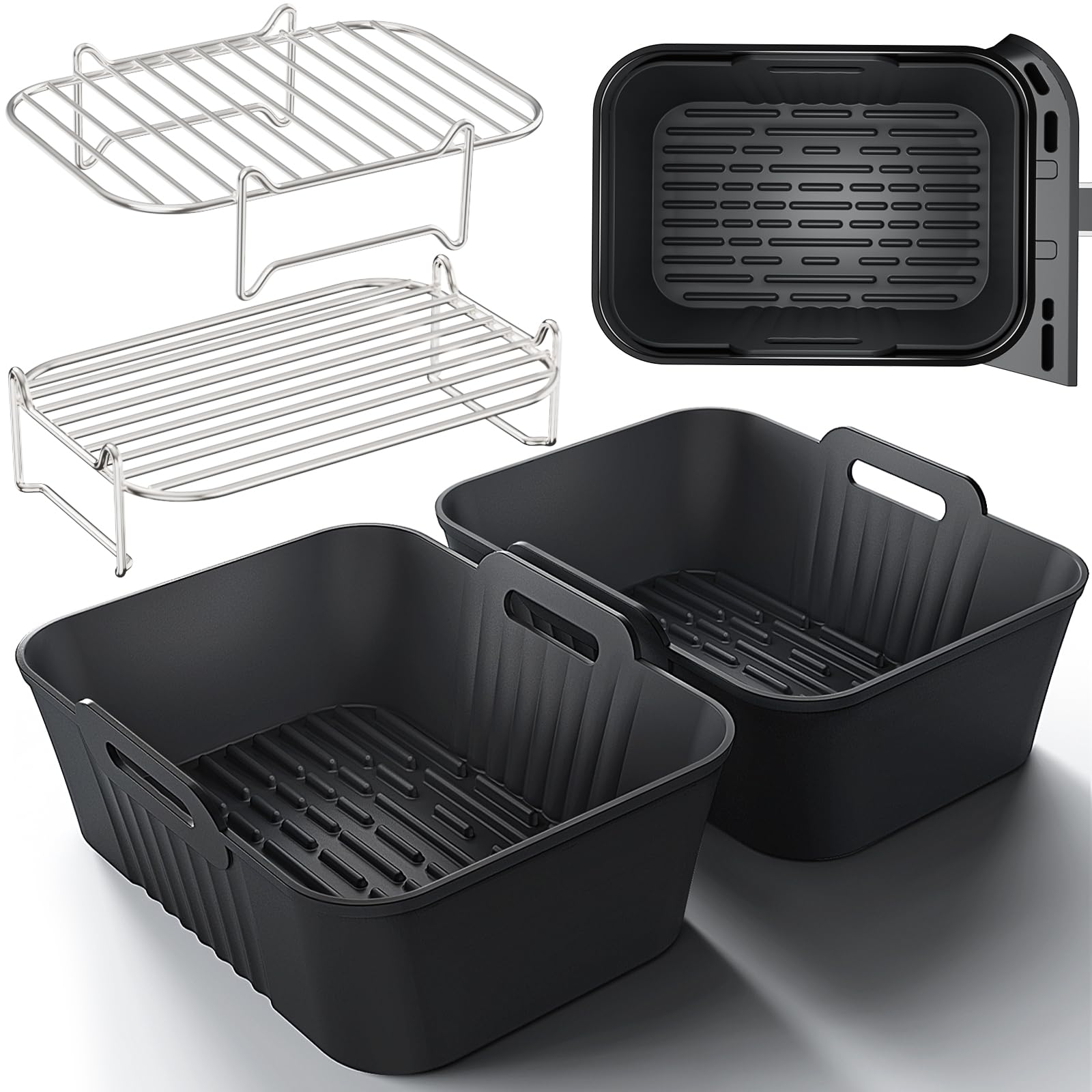 Ninja Heißluftfritteuse Zubehör | Ninja Dual Silikonform & Grillrost | HONYAO 4 Teile Airfryer Silikon Backform & Gitter für Dual Air Fryer 7,6L - 9,5L | BPA-FREI