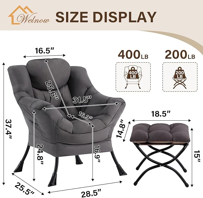 Sillón Lounge con Puf Reposapiés, Moderno, Gris Oscuro miniatura 3