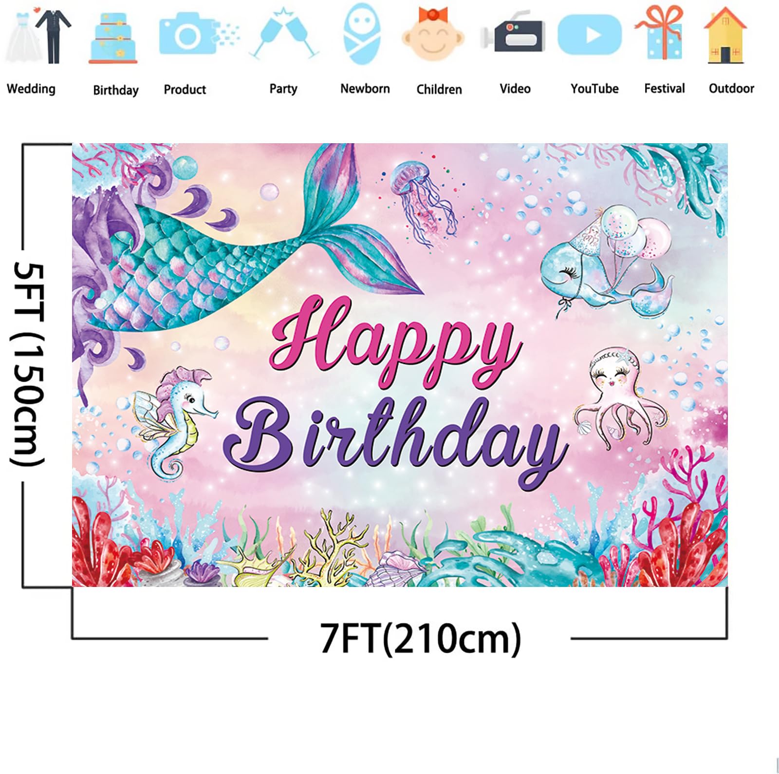 Meerjungfrau Geburtstags-Hintergrund – 1,8 X 1,1 M, Aus Polyester, Mit Schnur, Für Unter-dem-Meer-Partys
