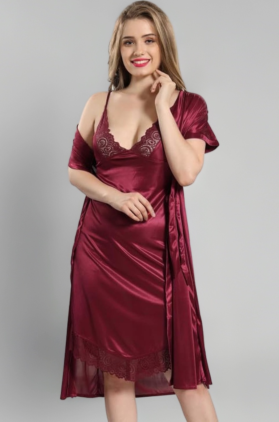 Women Satin Short Nighty with Lace & Robe 1306