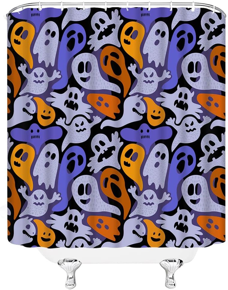 Halloween Ghost Extra Long Shower Curtain,Spooky Scary Festival Holiday Funny Cartoon Blue Purple Orange Bathroom Home Curtain Decor with Hooks,70x78 Inch
