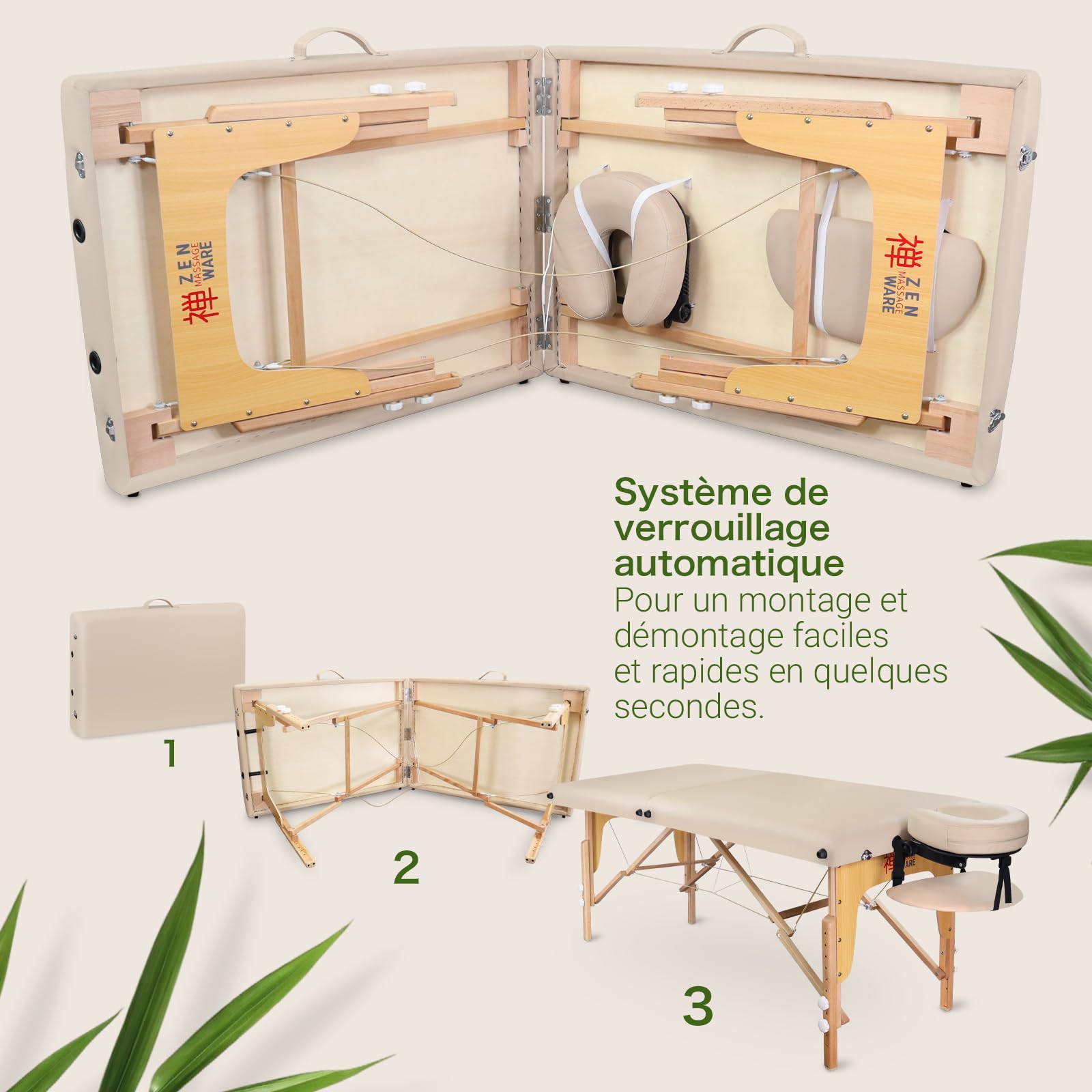 Zen Table de Massage Pliante professionelle - lit esthetique Table Tatouage, Extension de Cils en Bois et Hauteur réglable, Portable avec Appui-tête réglable, accoudoirs, Sac de Transport (Crème)