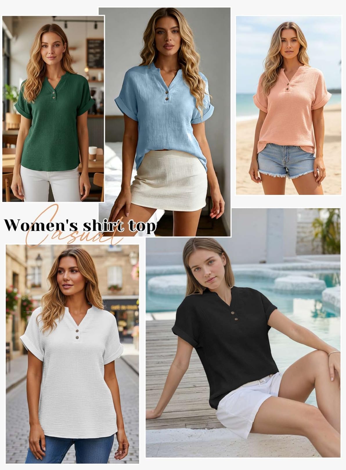 Yutdeng Camicia Donna Estiva Manica Corta Camicetta in Lino Cotone Leggero Elegante Blusa Top Scollo a V Maglietta con Bottoni Moda Casual Tinta Unita T-Shirt Comodo Vacanza Maglietta