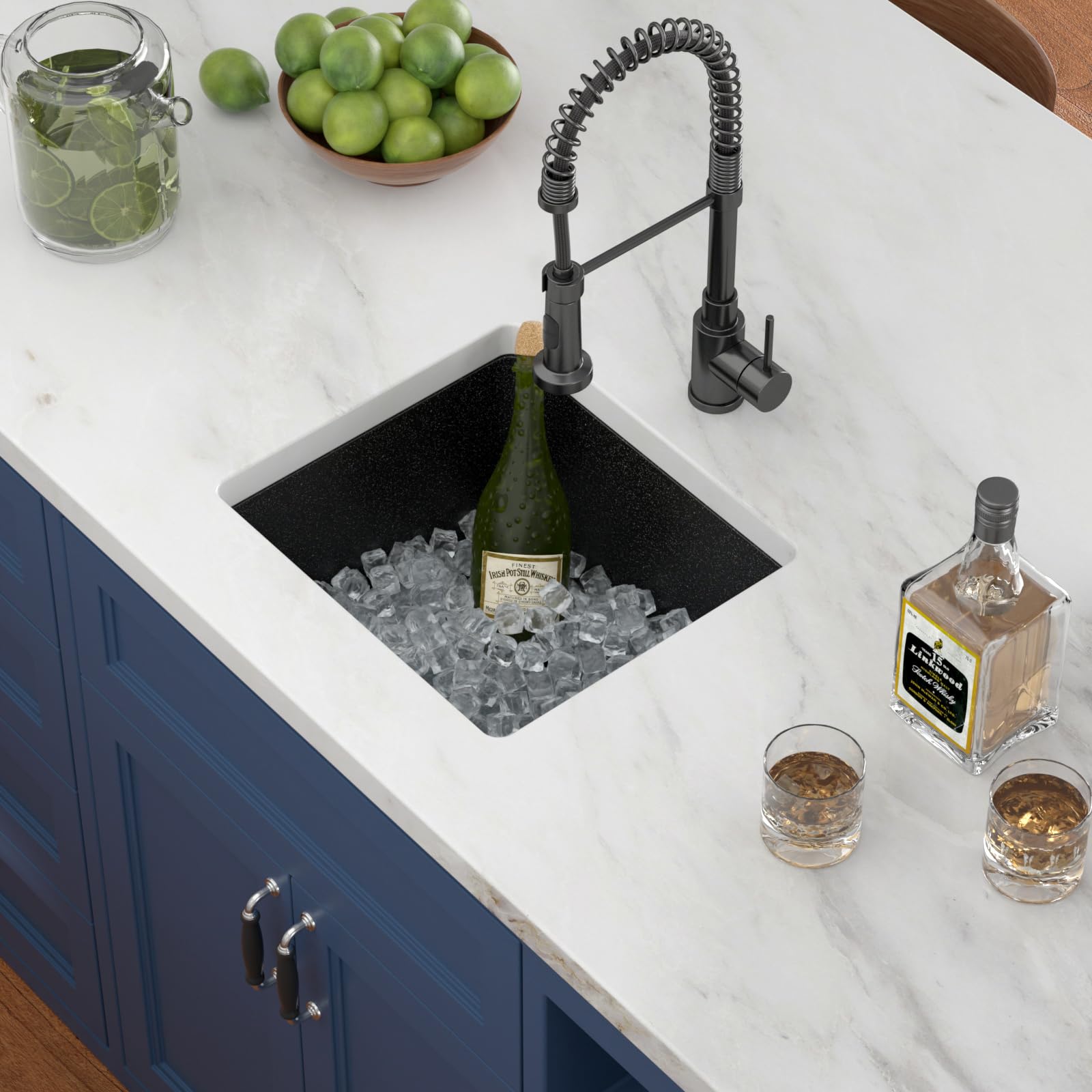 LOF-Q4542 - Fregadero de cocina negro de 18 x 16 pulgadas, fregadero de granito negro pequeño de granito de cuarzo moderno bajo encimera, fregadero de cocina de un solo cuenco, fregadero 2