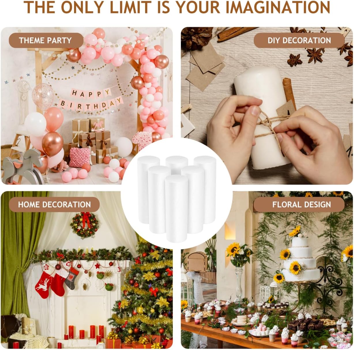 Tofficu 6pcs Crafts Foam Cylinder, 15cm Christmas Polystyrene Tube, Floral Foam for Artificial Flower Arrangements DIY Art Projects Xmas Holiday Party Decor Wedding Centerpiece (White)