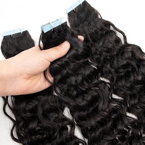 Miniatura 3 de Extensiones de cabello humano Remy brasileño ondulado con cinta adhesiva de poliuretano de 22 pulgadas, con trama de piel sintética invisible, con