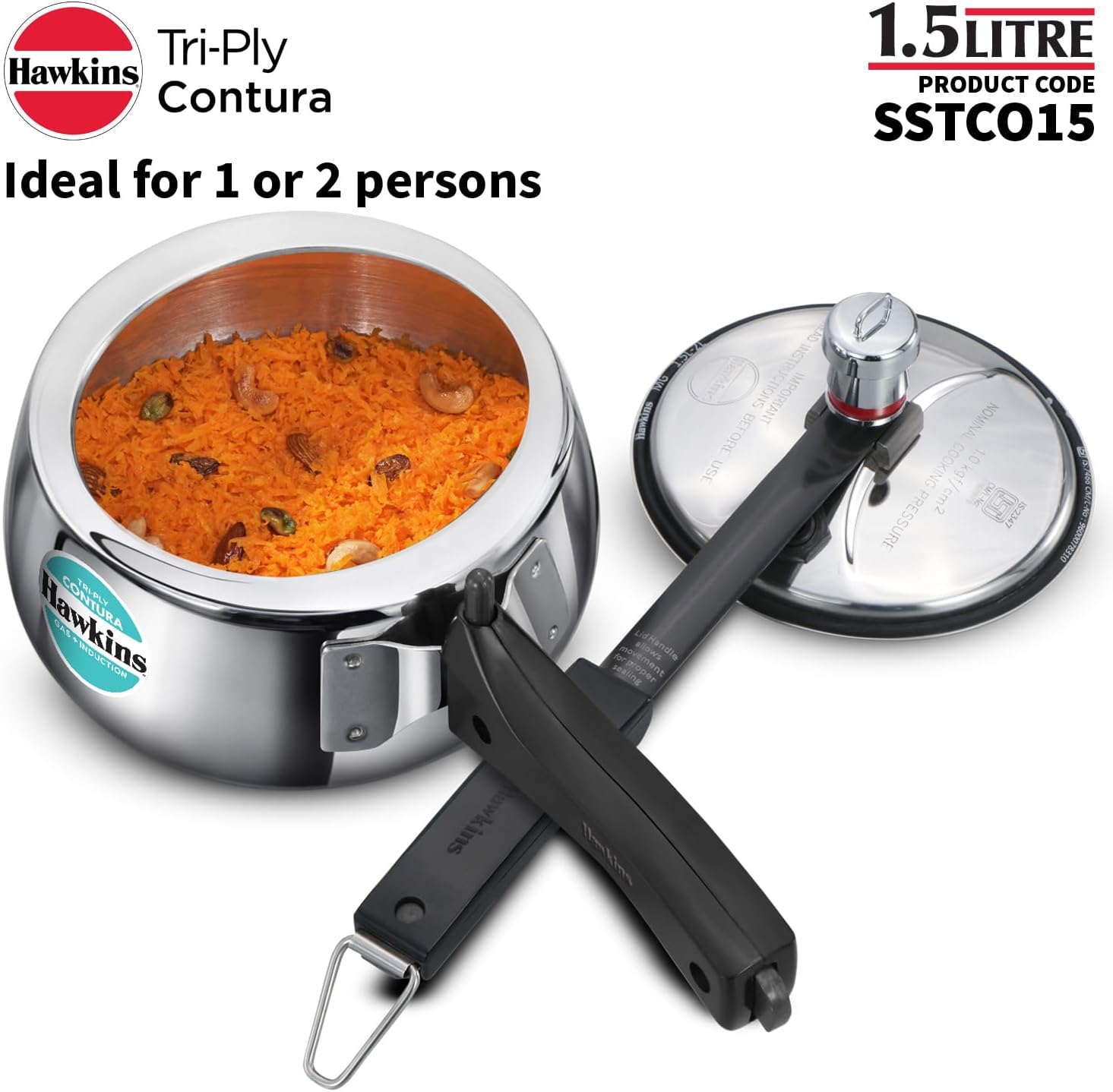 Hawkins 1.5 Litre Triply Contura Induction Pressure Cooker, Triply Stainless Steel, Contura shaped, Silver (SSTCO15)