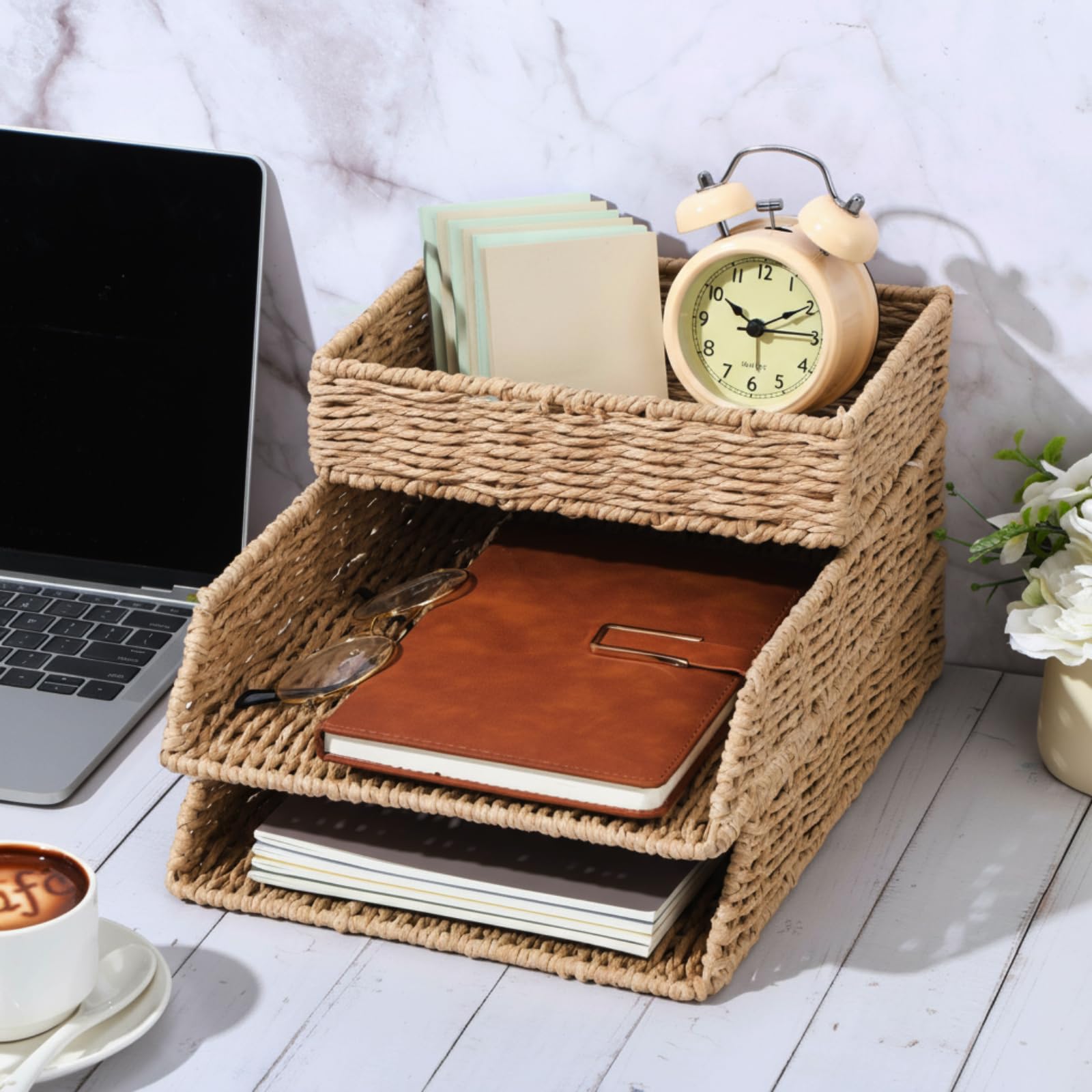 Geelin Paquete de 3 bandejas organizadoras de escritorio apilables para cartas, cesta de escritorio tejida para almacenamiento, carpetas de cartas, cuadernos, copias, impresión, soporte para espacio