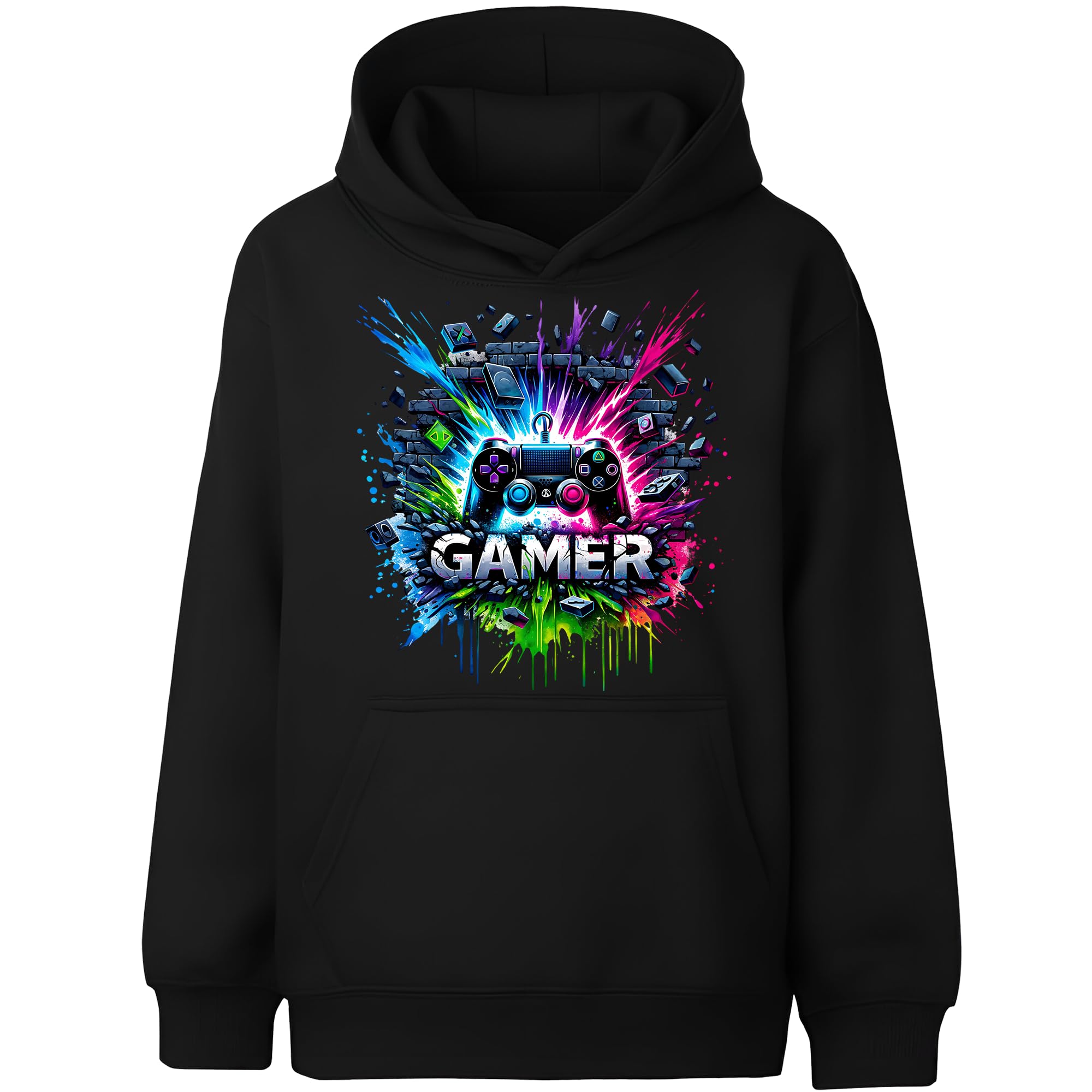 Fringoo Gamer Hoodie for Boys Cotton Rich Soft Hooded Sweatshirt for Boys Gaming Pullover Jumper with Kangaroo Pocket Age 5-13 (UK, Age, 5 Years, 6 Years, Regular, BLACK - Gamer Splash)