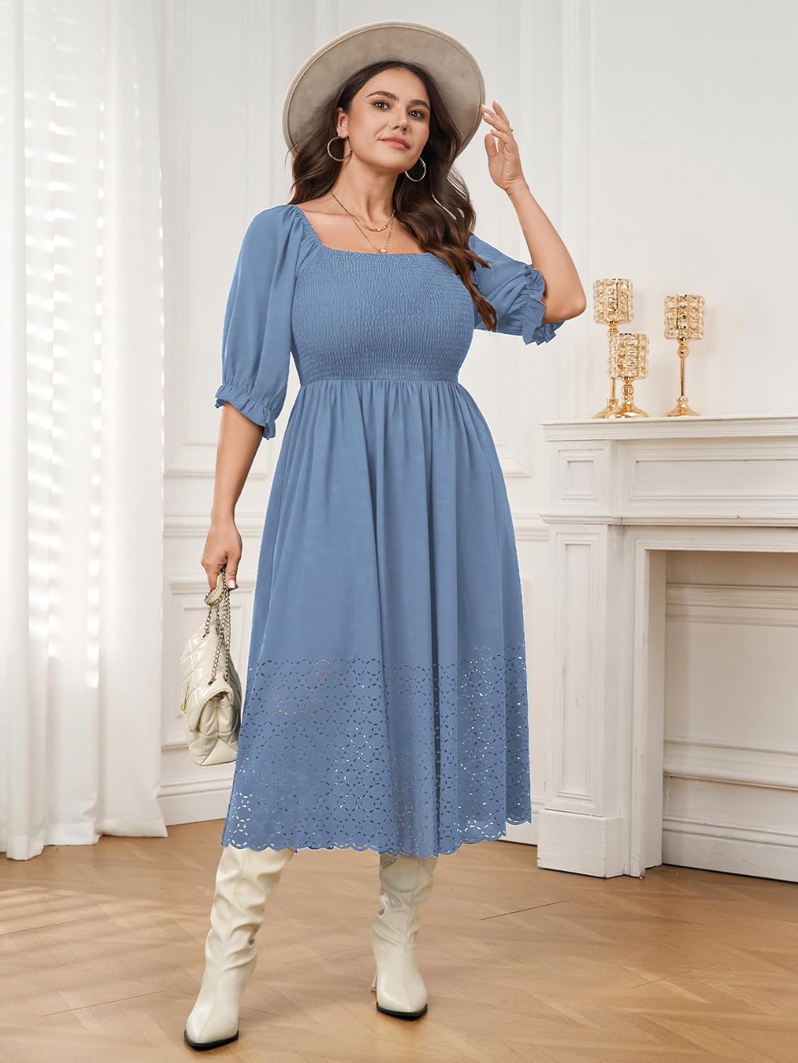 SCOMCHIC Women's Plus Size Maxi Dress Short Sleeve Square Neck Hollow Out Smocked Flowy A-Line Boho Wedding Guest Dresses - Image 5