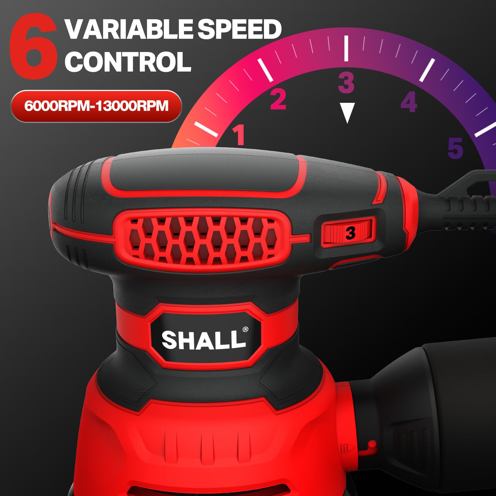 SHALL Levigatrice Orbitale 350 W, 6 velocità variabili 13000 giri/min, utensile elettrico manuale da 125 mm, adatta per levigatura, lucidatura e lavorazione del legno