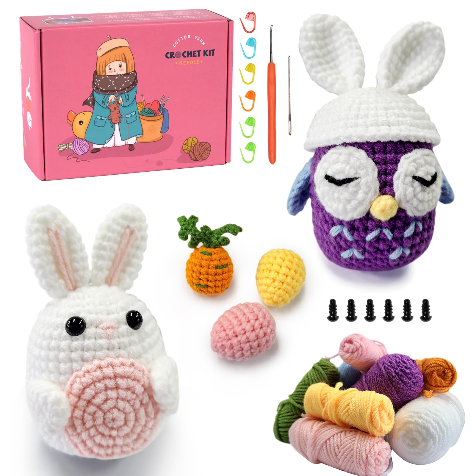 NUOLAN Crochet Kit for Beginners, Owl, Rabbit Crochet Kits for Kids and Adults Include Yarn, Step-by-Step Videos Tutorials, and a Crochet Hook - Crochet Animal Kit DIY Knitting Supplies