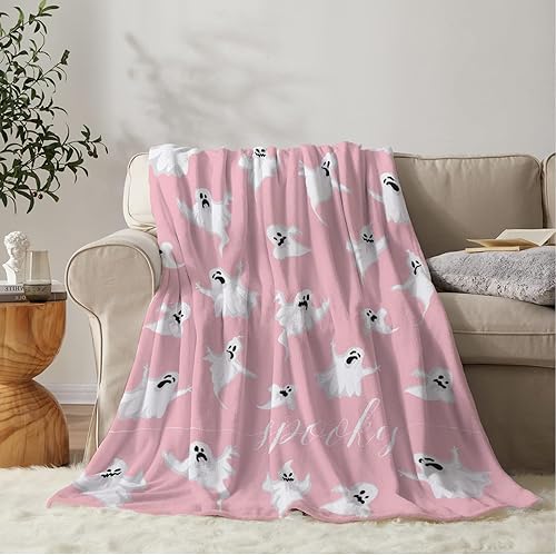 YeeJu Manta de Halloween con bonito diseño de fantasma, para sofá, cama, sala de estar, exterior, acogedora, suave, ligera, mullida, de forro polar,