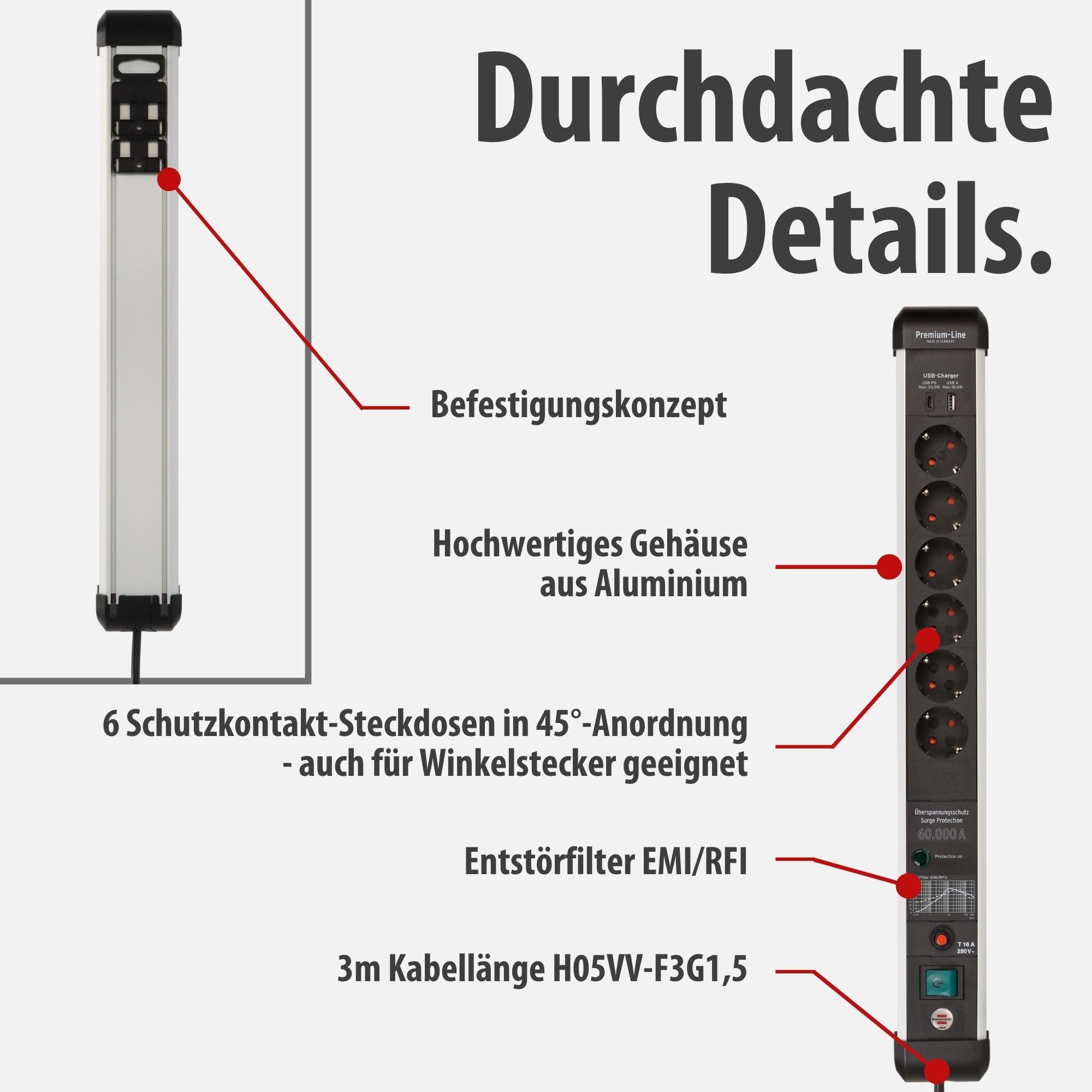 Brennenstuhl Premium-Protect-Line Steckdosenleiste 6-Fach mit USB C, 3m | Mit Überspannungsschutz, Mehrfachsteckdose mit Schalter,1x Charger Typ C PD und 1x USB-A, Made in Germany