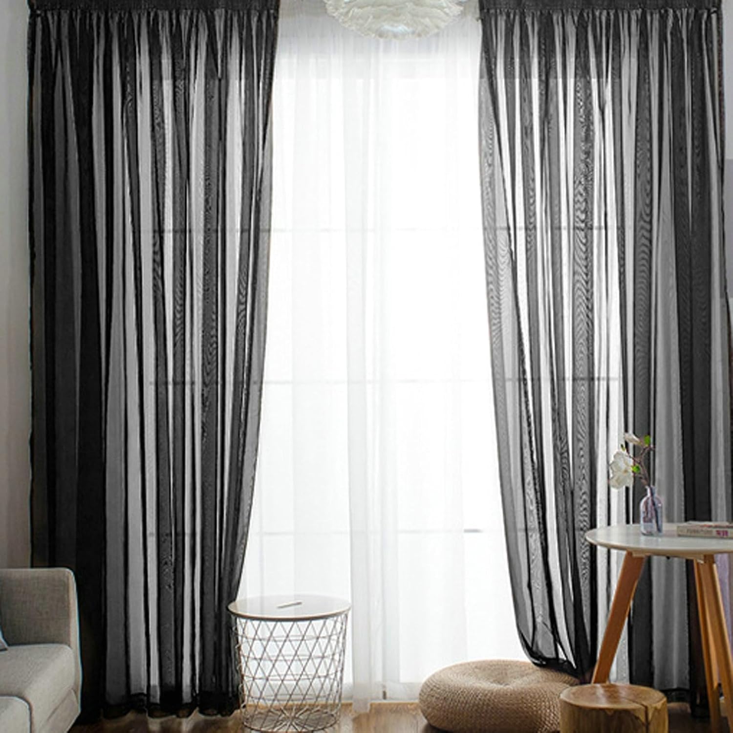 Daesar Transparent Curtains for Bedroom 2 Panels Set, Polyester Grommet Tulle Curtains 52" W x 72" H Drapes Solid Color Black Voile Curtains for Living Room