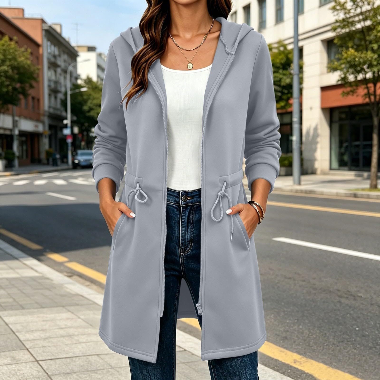 Felpa con cappuccio da donna, con cappuccio da donna, stile trench cappotto, a maniche lunghe, giacca lunga con tasche, tinta unita, coulisse regolabile, alla moda, casual, autunno e inverno