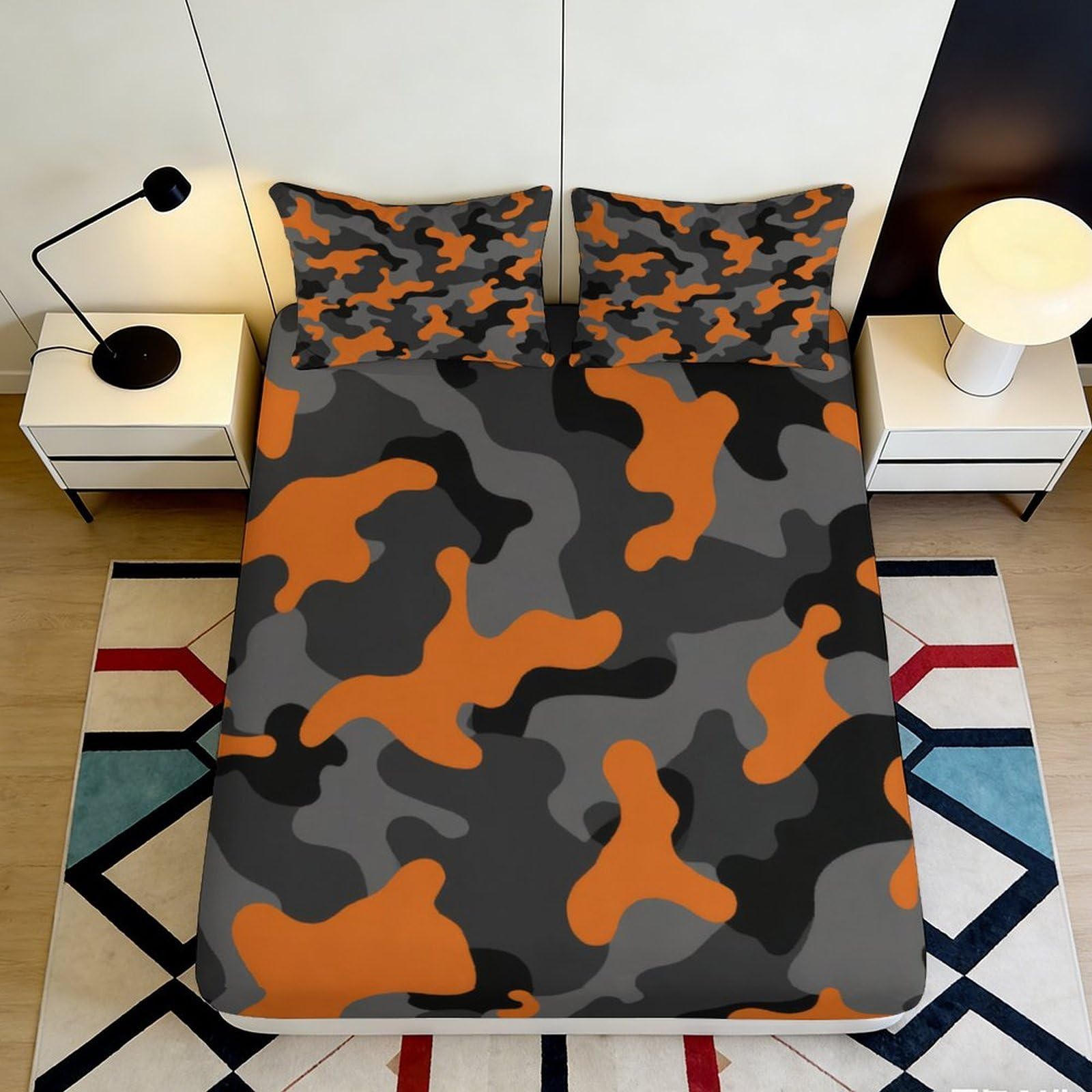 3D Printed Camouflage Microfiber Fitted Sheet Deep Pocket Non-Slip Bedroom Bedding Adult Teen Camouflage Mattress Fitted Cover Washable 200x200x25cm