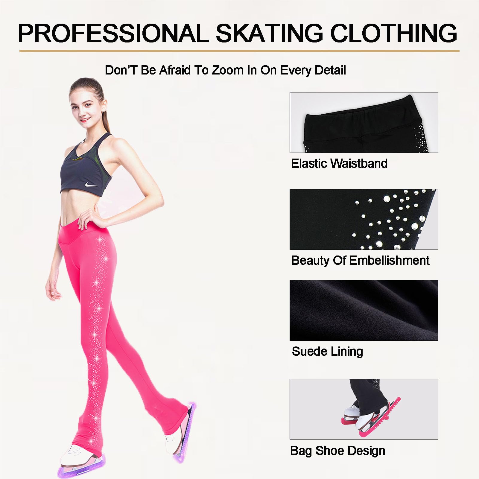 Pantalons Patinage sur Glace pour Femme, Pantalon Patinage Artistique Leggings Patinage Glace Fille La Fille, Artistique Pantalons D'EntraîNement avec Diamant
