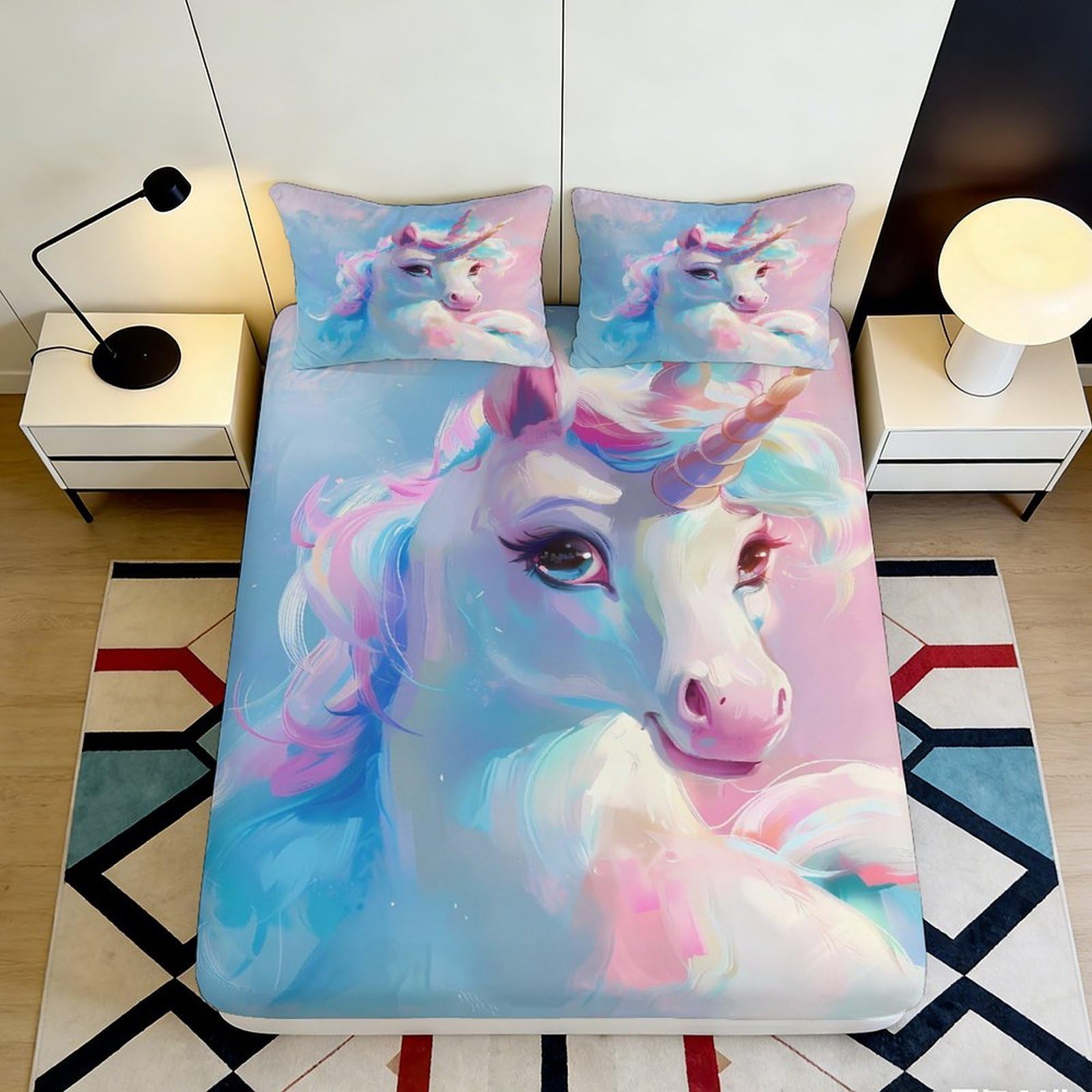 Pnayamiorkfel Style-4 3D Printed Pastel Unicorn Fitted Sheet Microfiber Soft Anti-Slip Fantasy Rainbow Bed Cover Bedroom Dorm Decor 90X200x25cm