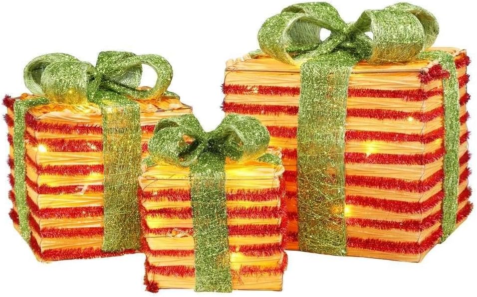 Christmas Set of 3 Pre-lit Gift Present Boxes w/ 60 LED Lights - Indoor/Outdoor Yard/Lawn Use- Wicker Green Bow