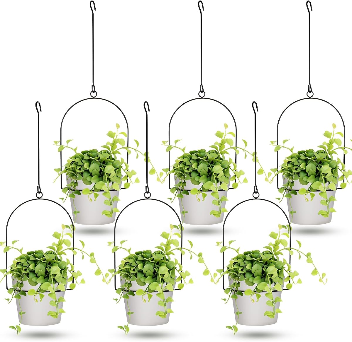 Hushee 6 Packs Metal Hanging Planters for Outdoor Indoor Plants Plant Hanger with 6.3'' Plastic Pots Hanging Planter Basket for Garden Home Porch Decor (White)