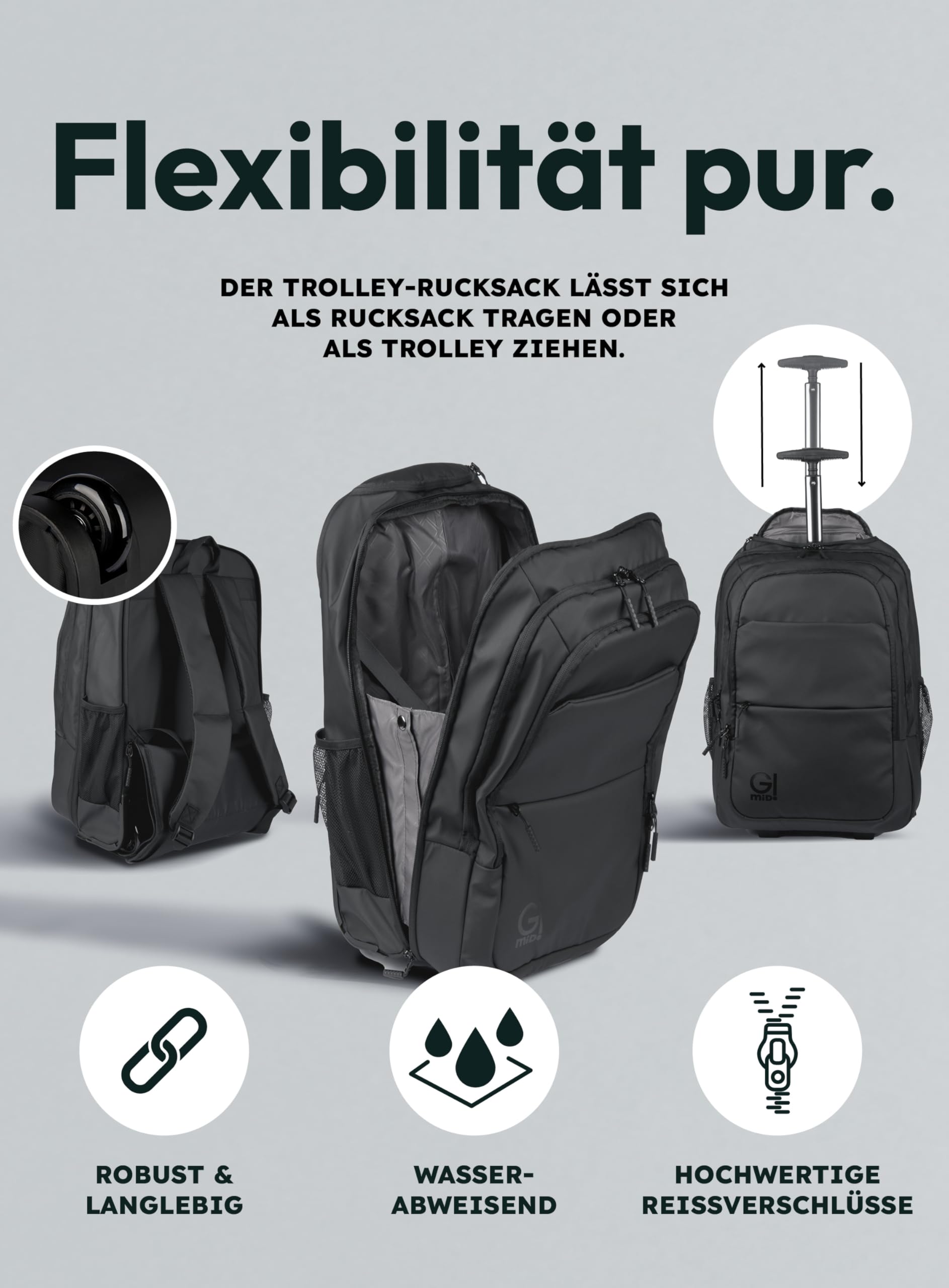 Trolley-Rucksack - Business Laptop- & Tablet-Trolley - Reiserucksack & Handgepäck - wasserabweisend & robust - viele Fächer mit Hauptfach für Kleidung - für Arbeit, Schule, Reisen & Uni