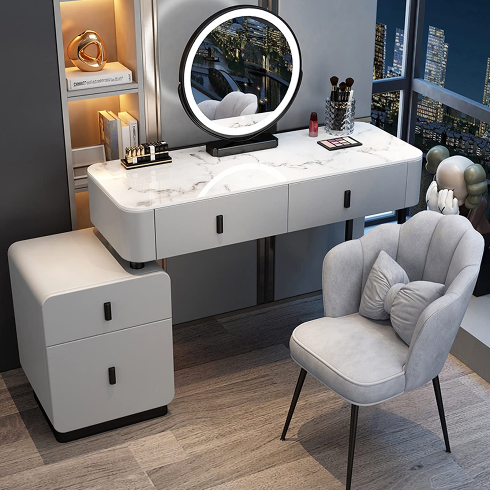 CGCSYZ Dressing Table with Lighted Mirror, White/Grey Makeup Vanity Desk Set with Stool, Vanity Table with Drawers, Bedroom Furniture for Ladies(Grey+black B-120cm/47.2in)