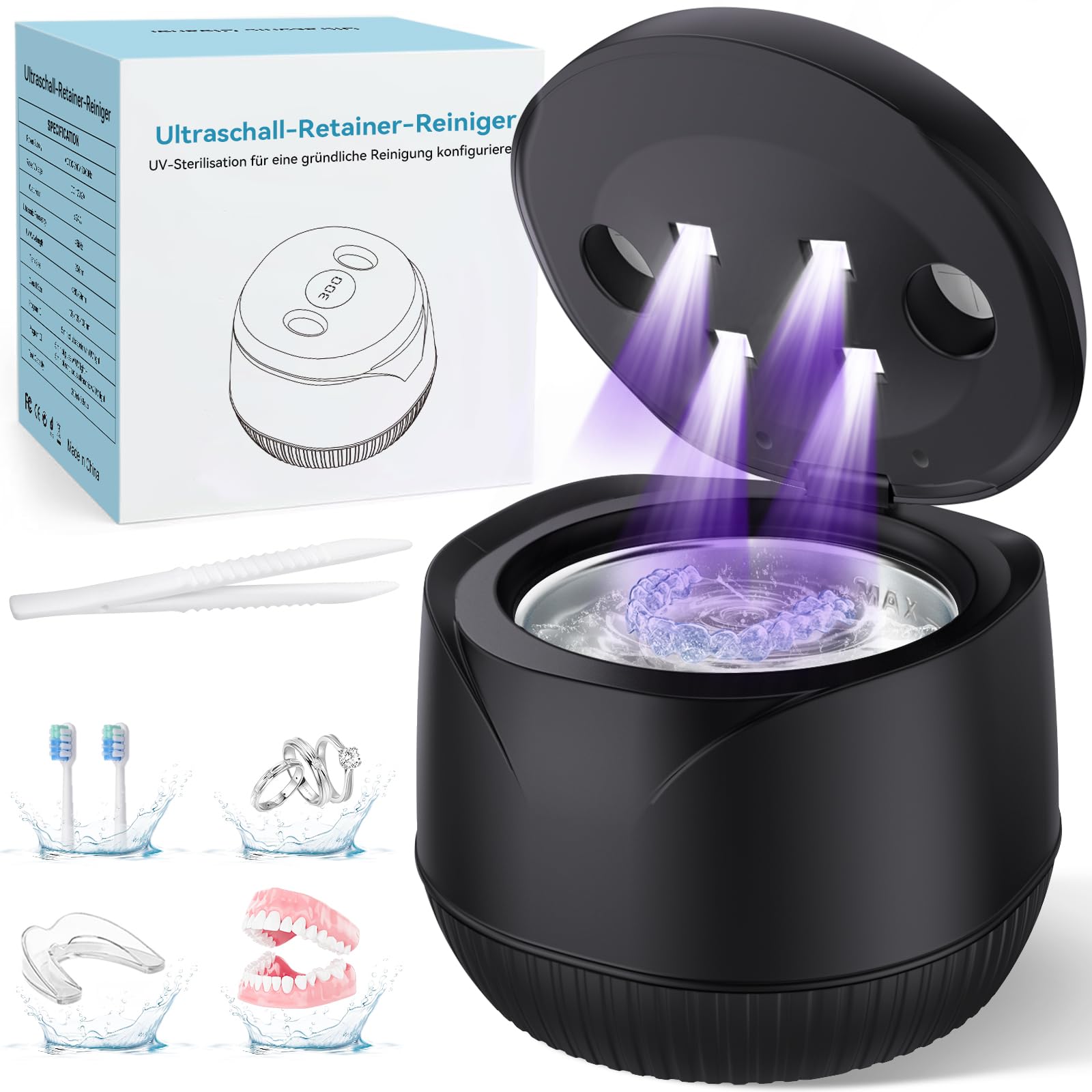 Ultraschallreinigungsgerät 45000Hz Ultraschallreiniger 200ML Dental Pod - Ultrasonic Cleaner für Zahnersatz, Retainer, Aligner Zahnschiene, Prothesen, Schmuck mit digitalem Timer Schwarz