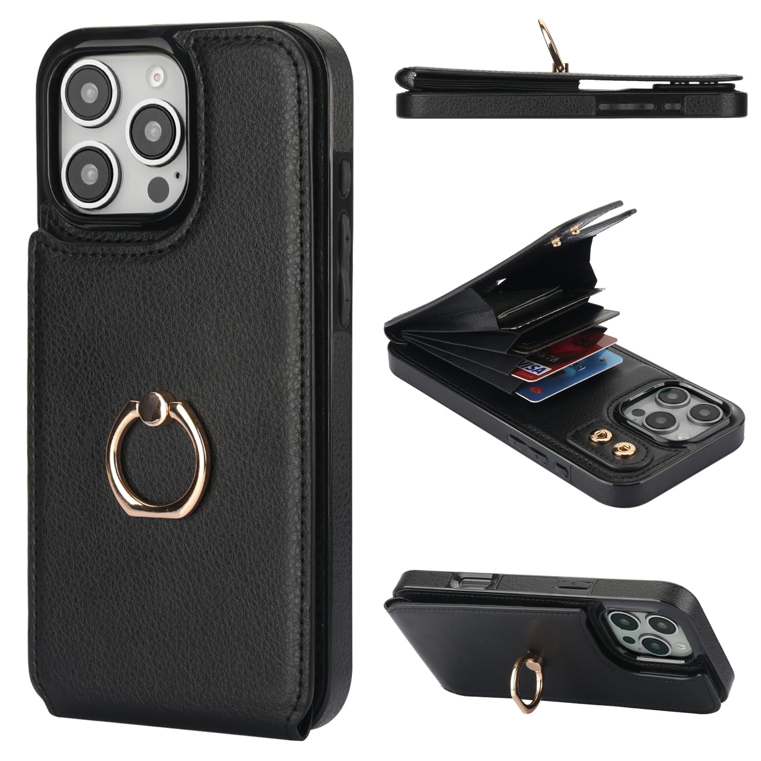 Folosu Compatible with iPhone 16 Pro Max Case Wallet with Card Holder, 360°Rotation Finger Ring Holder Kickstand, RFID Blocking Leather Protective