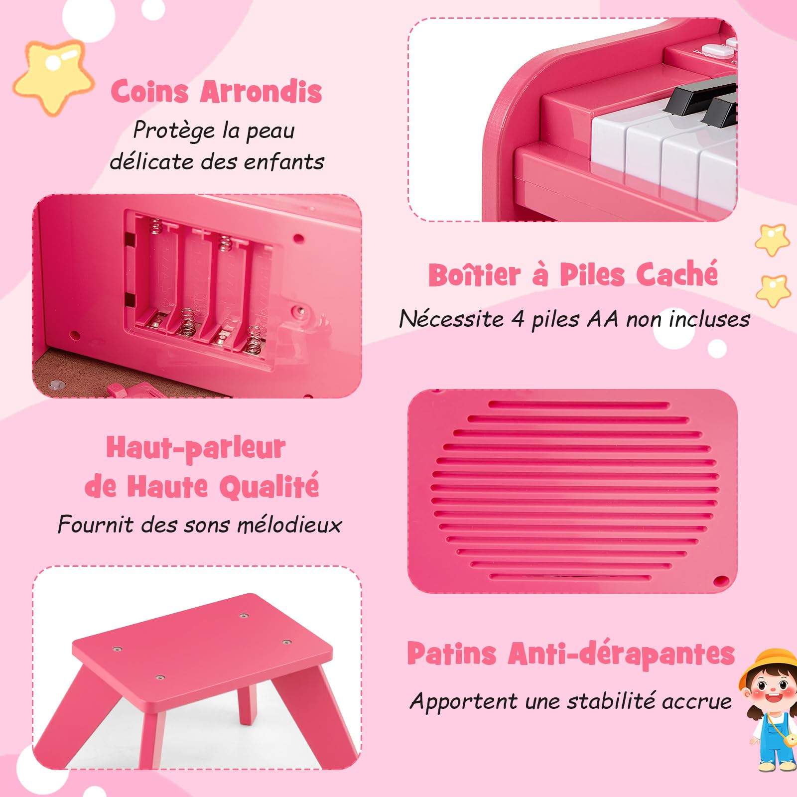 DREAMADE Clavier de Piano 25 Touches pour Enfants, Mini Piano Numérique avec Tabouret, Vitesse et Volume Réglables, Mode d'Enseignement, Pupitre Amovible (Rose)
