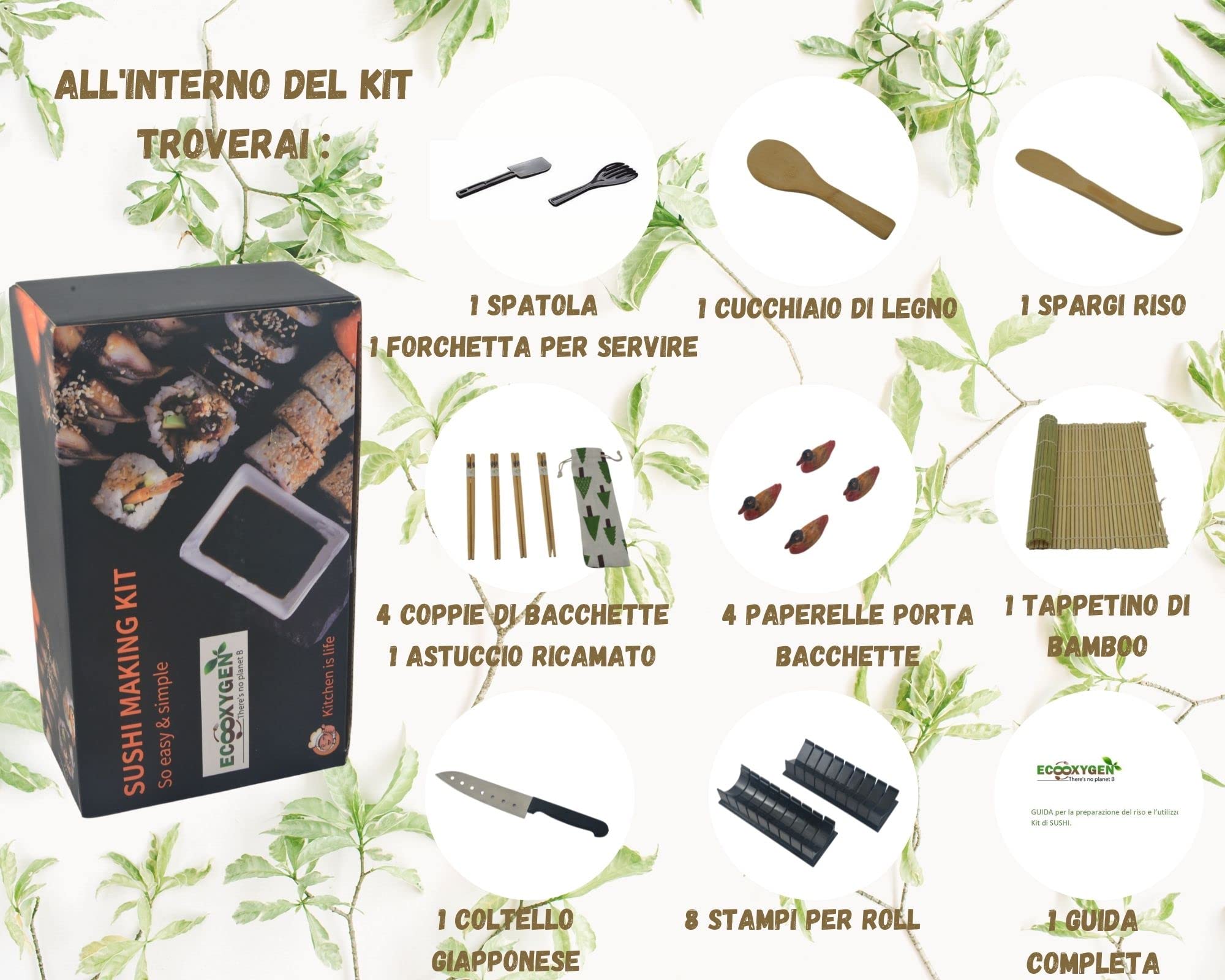 Eco Oxygen | Sushi Kit | Set de bricolage professionnel complet 23 pièces + GUIDE DE PRÉPARATION PDF | NOUVEAU 2022 | Natte de bambou | 8 moules x préparer le rouleau |