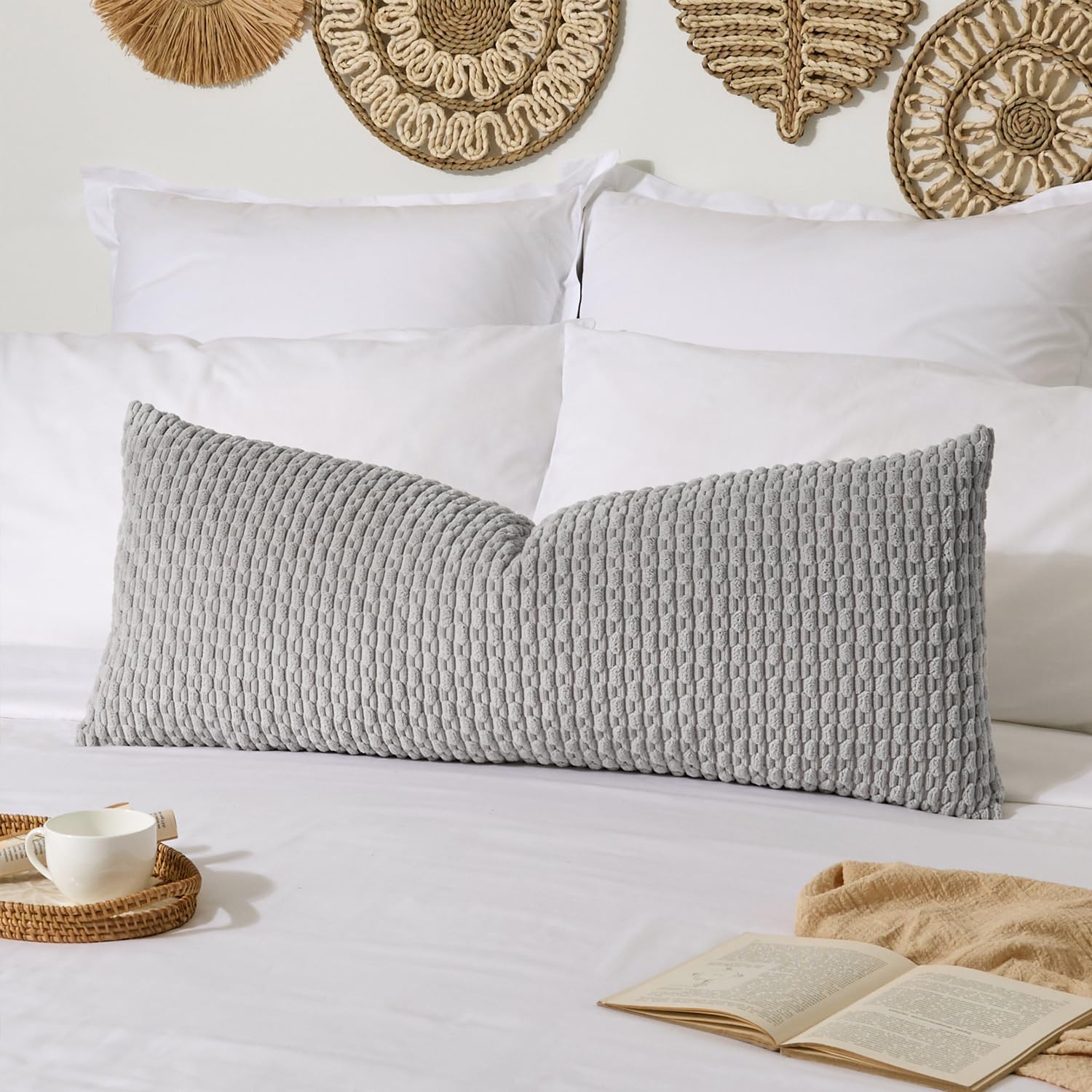 kevin textile 14x36 inch long lumbar 1 pack boho decorative throw pillow cover soft striped corduroy rectangle cushion case farmhouse solid color accent for living room couch sofa bed, light grey 36" x 14" (pack of 1) light grey