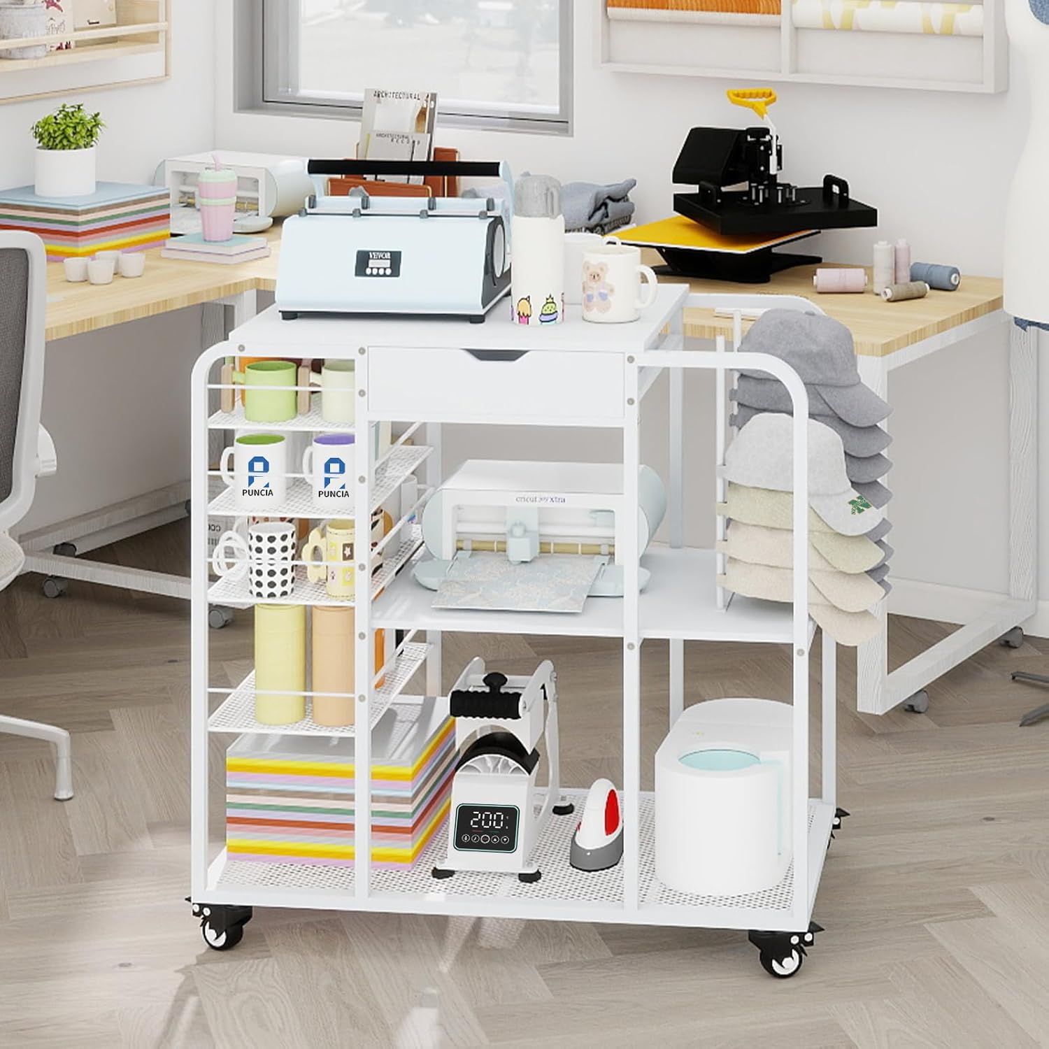 PUNCIA All-in-One Movable Tumbler and Cap Press Stand, Space Saving 3-Tier Heat Transfer Organizer Workstation with Cup Holder and Hat Storage Ideal for Craft Room Studios Home Craftsman DIY Makers