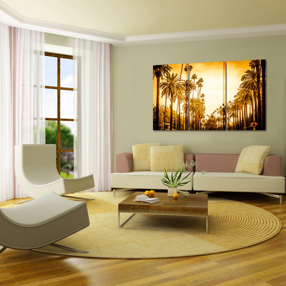 Kreative Arts 3-teilige Galerie-Leinwand | Tropische Palmen & Blätter In Grün & Gold | Rustikale Wandbilder Für Wohnzimmer & Schlafzimmer