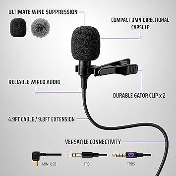 Purple Panda Wired Lavalier Microphone, Omnidirectional Lapel Mic with Clear Audio for Motovlogging & Content Creation Compatible with GoPro, DJI, Insta360, DSLR, iPhone & Android