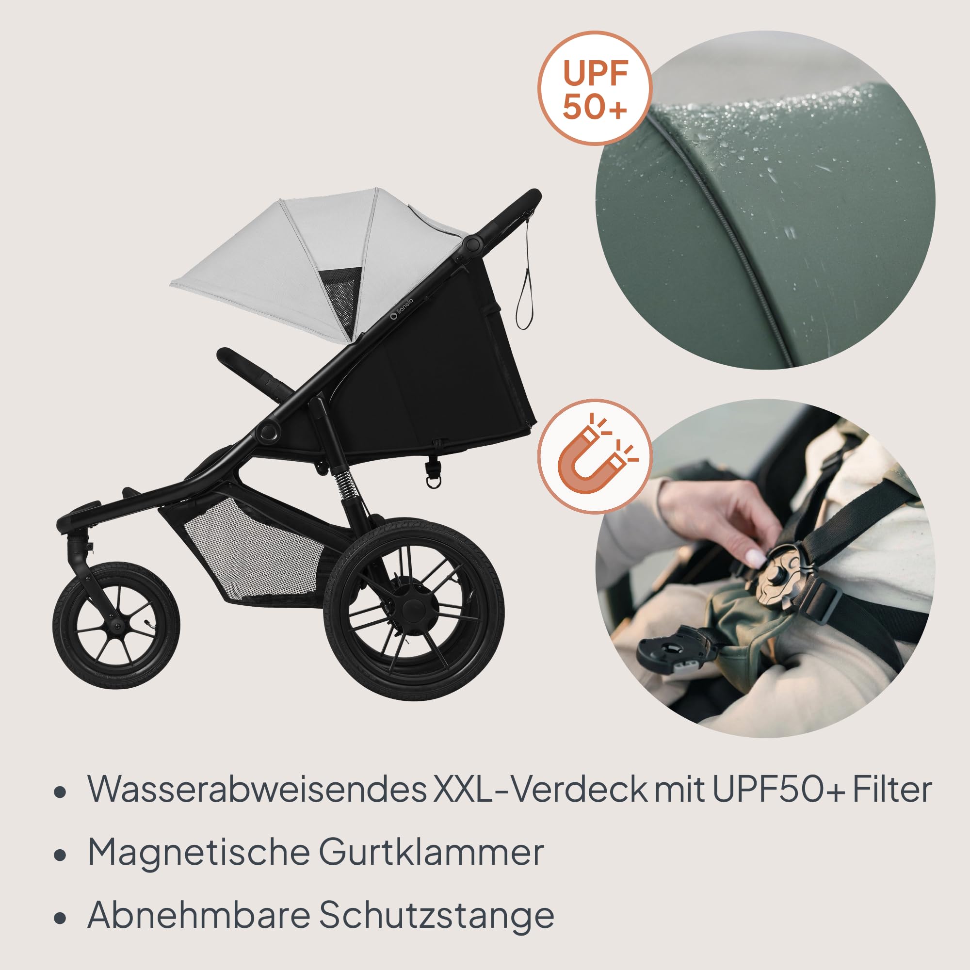 Lionelo Azura Kinderbuggy mit Luftreifen – hohe Federung, stufenlos verstellbare Liegeposition, XXL-Verdeck UPF50+, 5-Punkt-Magnetgurte, kompakt faltbar, inkl. Regenfolie – ab 6 Monaten bis 22 kg