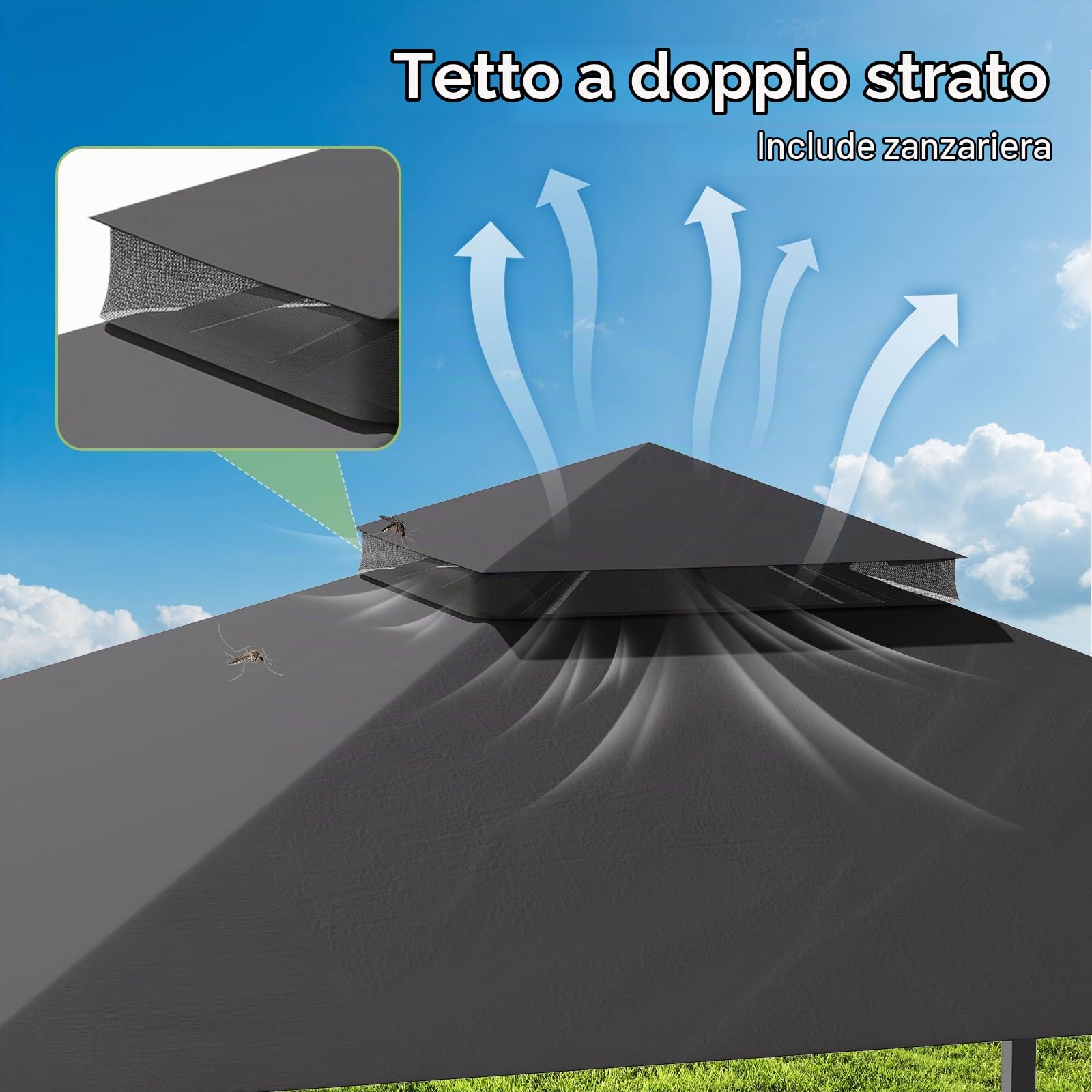 JUMMICO Gazebo da Giardino Esterno 3x3, con Estensione Convertibile in Parete, Tetto a Doppio Strato, Struttura Metallica Resistente alle Intemperie, Ideale per Feste, Eventi e Ricevimenti