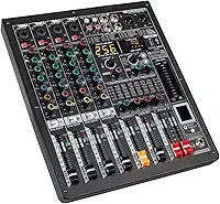 Mesa de Som Profissional 4 Canais com Amplificador Integrado 2x230W, 256 Efeitos DSP, Equalizador 7 Bandas, Phantom Power 48V, USB/Bluetooth para Shows, Igrejas e Estúdio