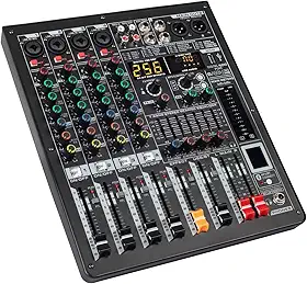 Mesa de Som Profissional 4 Canais com Amplificador Integrado 2x230W, 256 Efeitos DSP, Equalizador 7 Bandas, Phantom Power 48V, USB/Bluetooth para Shows, Igrejas e Estúdio