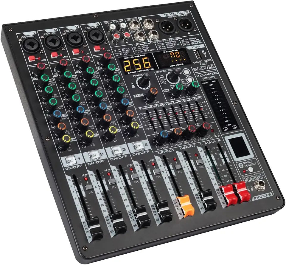 Mesa de Som Profissional 4 Canais com Amplificador Integrado 2x230W, 256 Efeitos DSP, Equalizador 7 Bandas, Phantom Power 48V, USB/Bluetooth para Shows, Igrejas e Estúdio