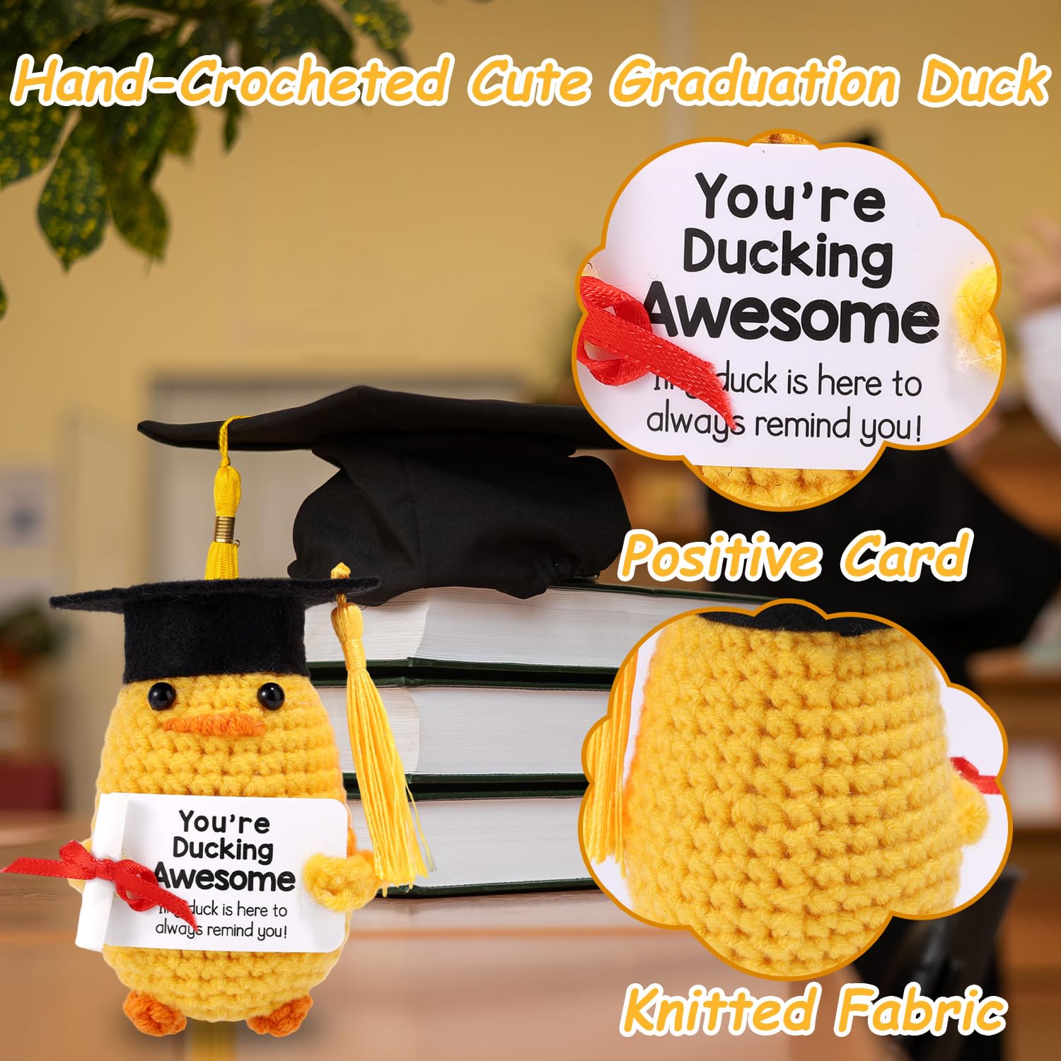 TOYMIS Positive Graduation Duck Crochet, Emotional Doll Support Graduation Crochet Animal with Grad Hat and Certificate You're Ducking Awesome for Encouraging Grad Gift Memorial Photo Prop - Image 3