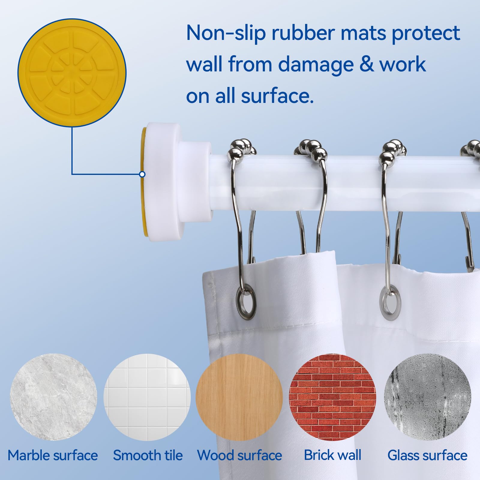 Thestoa Shower Curtain Rod Adjustable 43-92 inch, 1"Diameter Spring Tension Curtain Rod No Drill, Anti-Rust Non-Slip Shower Rod, White Shower Curtain Rod for Bathroom Tension