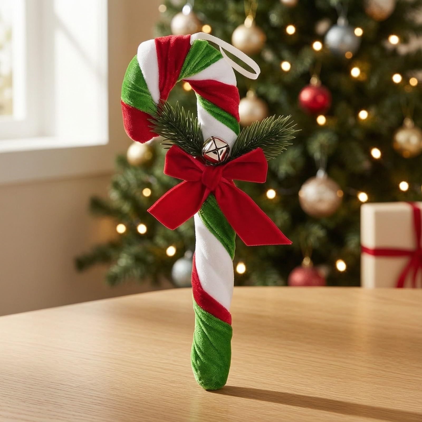 Plüsch-Zuckerstange mit Schleife und Glocke klassisch Zuckerstangen-Weihnachtsanhänger leicht Samt-Zuckerstange zum Aufhängen für Kamin, Großes