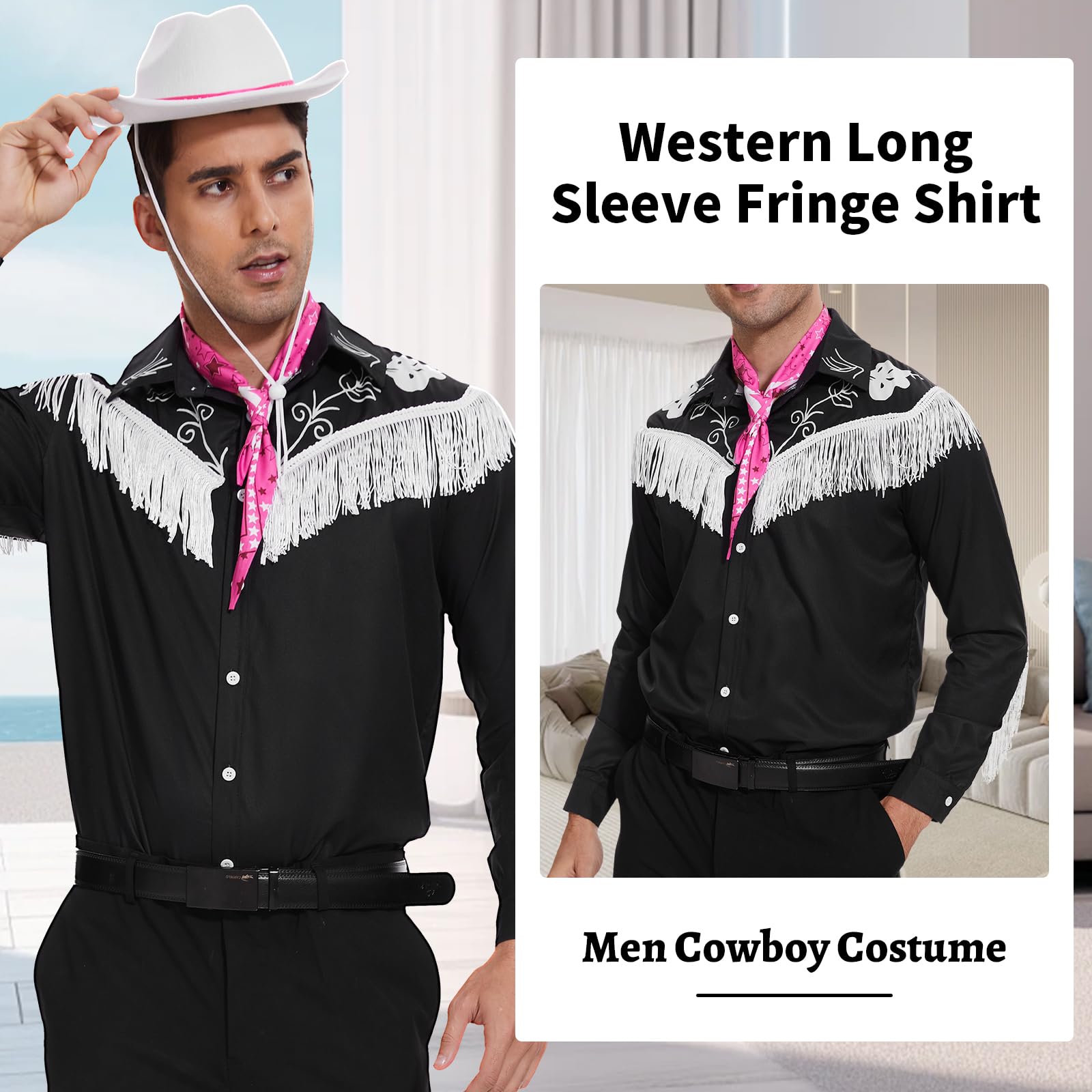 Costume da cowboy da uomo con sciarpa, camicia da cowboy, carnevale, Halloween, costume da cosplay da uomo