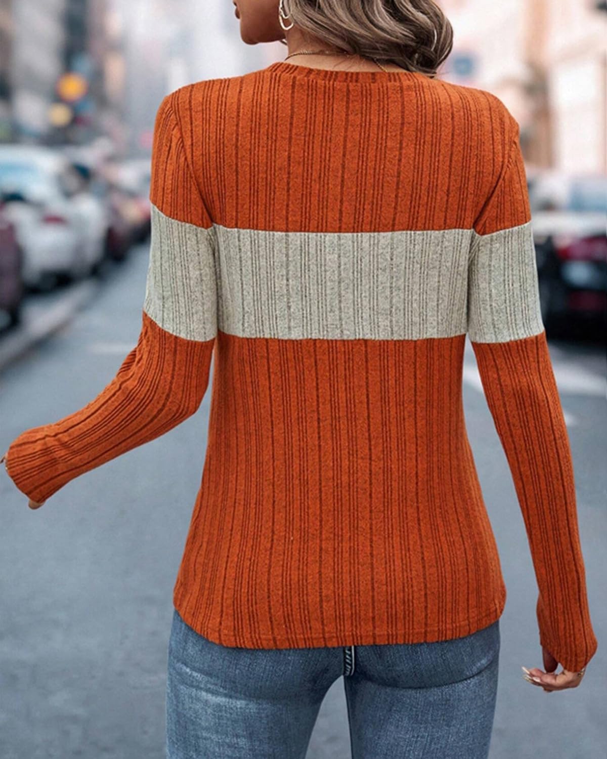 SherryDC Women Long Sleeve Tunic Shirts Lightweight Thin Sweater Color Block Ribbed Casual Crewneck Fall Top - Image 2